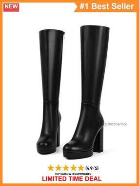 Platform Knee High Boots Chunky Heel Side Zipper Round Toe Gogo Tall Boot